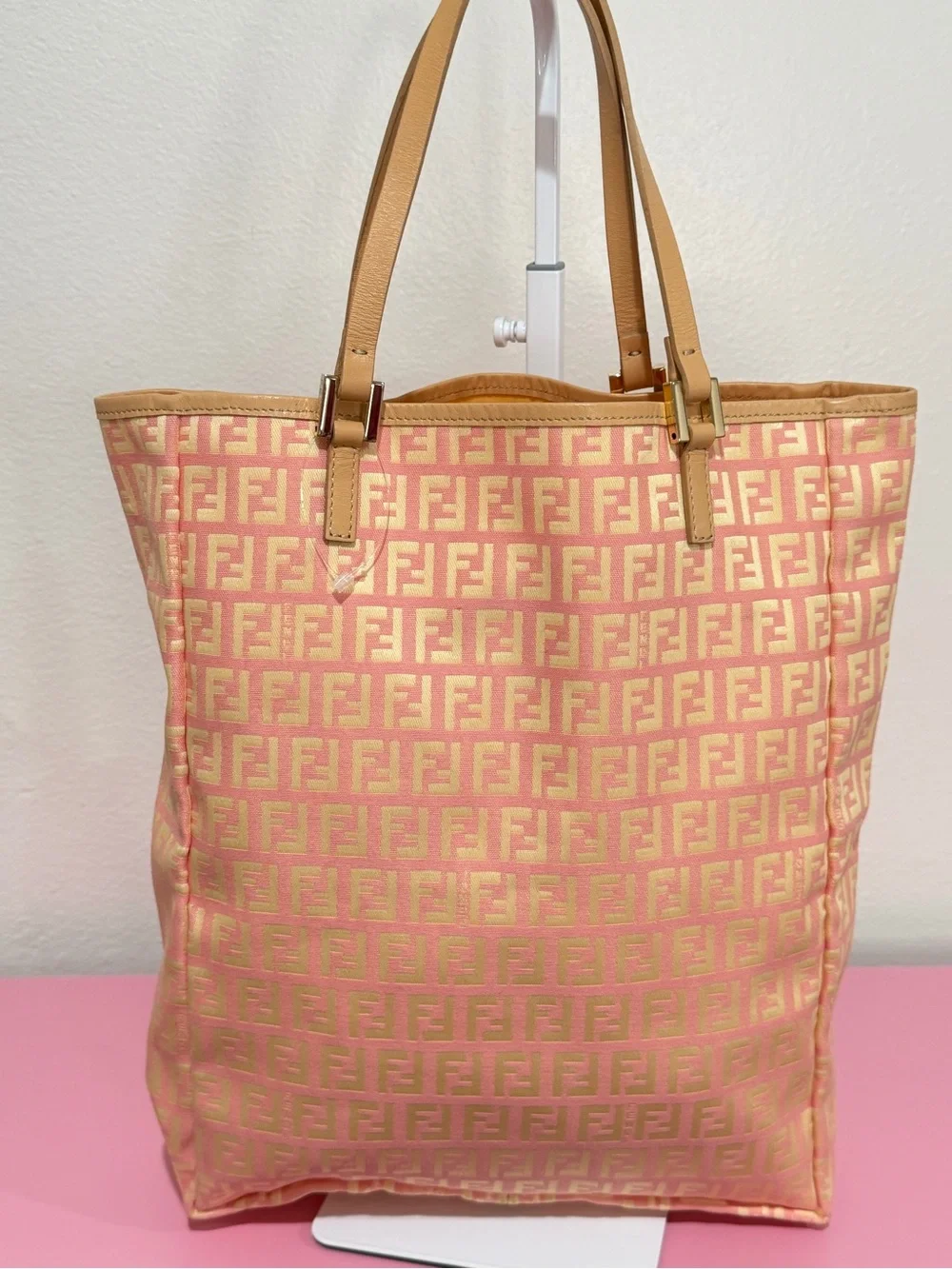 Fendi Pink and Tan Zucca Monogram Tote with Pouch